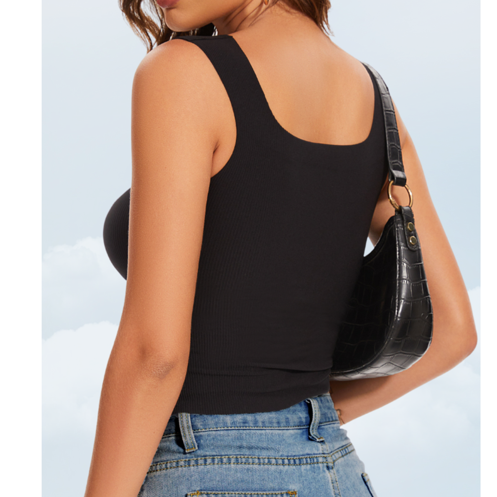 Square Neck Sleeveless Crop Tank Top with Built in Bra