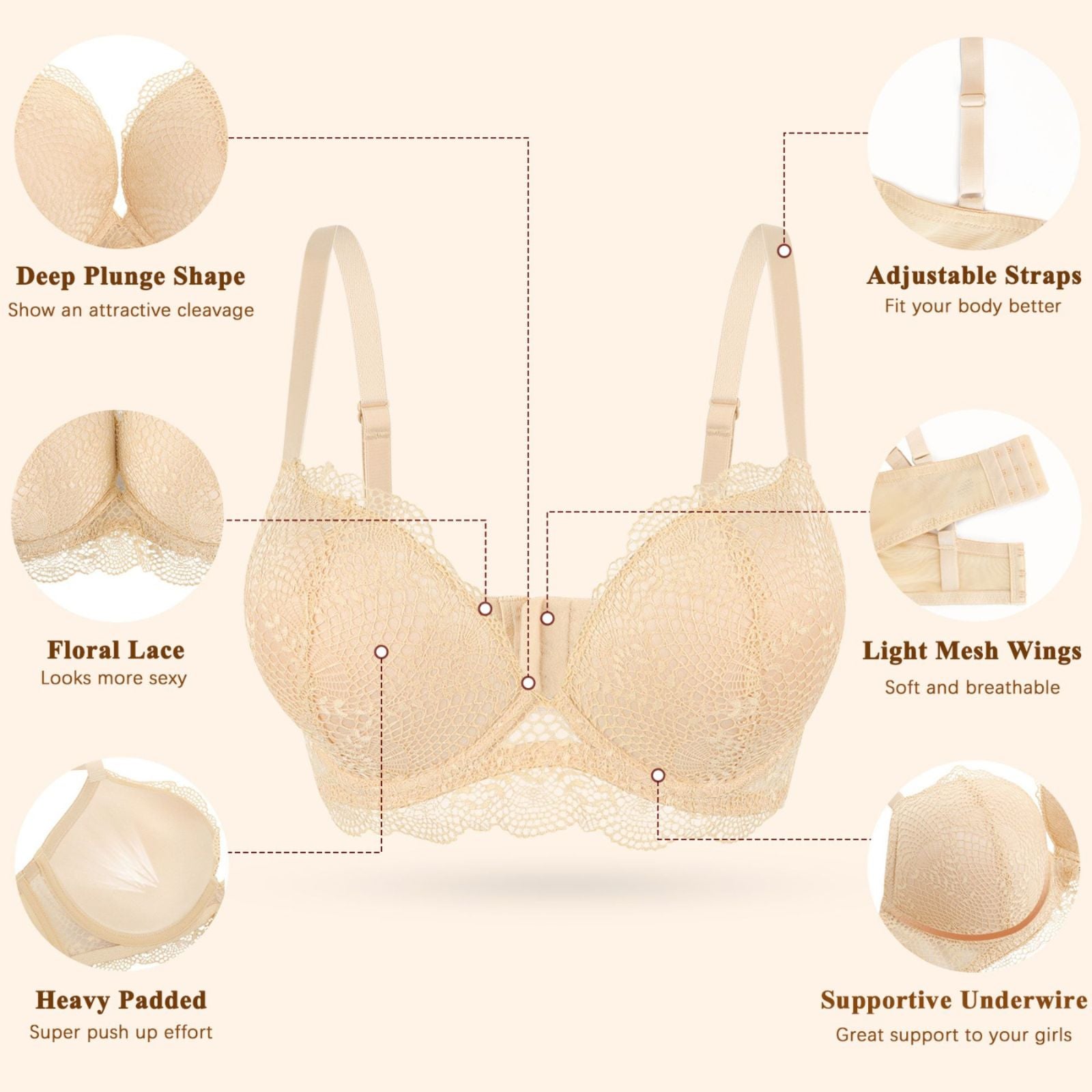 Push Up Lace Padded Underwire Bra Add 2 Cups