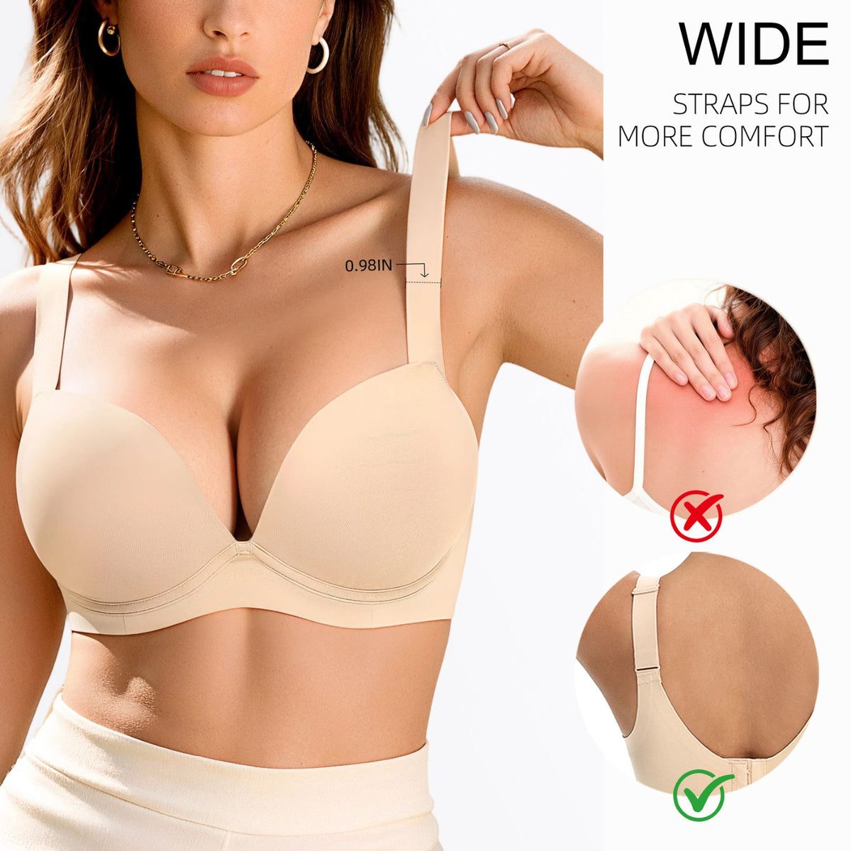 Women's Push Up U-Back Underwire Thick Padded Bra with Wide Straps