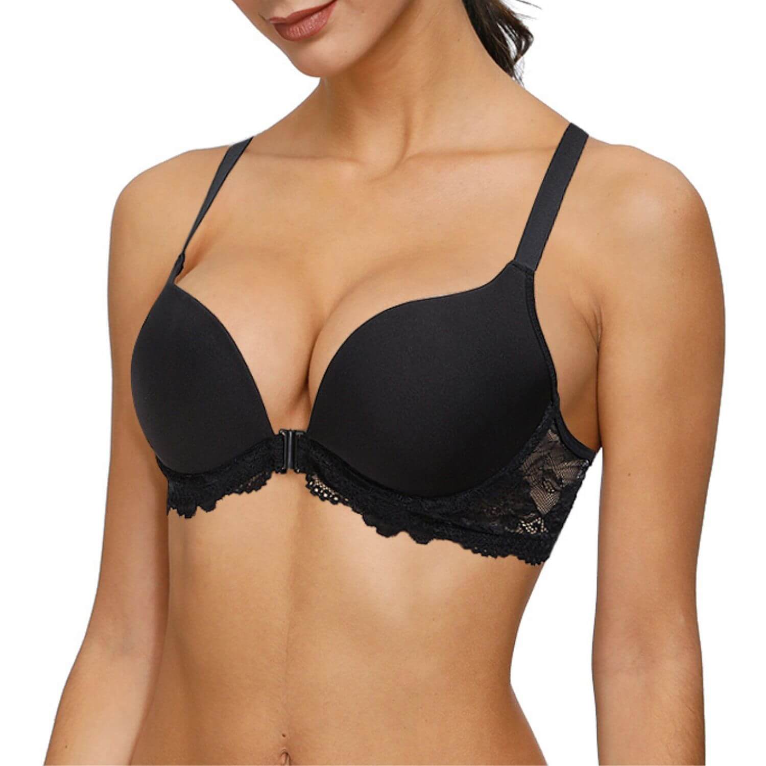 black front closure push up racerback bra