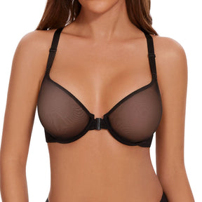 Front Closure Sheer Mesh Plus Size Underwire Unlined Bra
