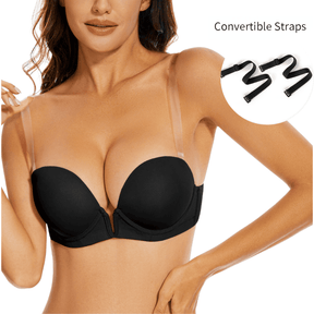 Deep V Plunge Backless Underwire Thick Padded Bra with Clear Straps