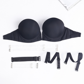 Deep V Plunge Backless Underwire Thick Padded Bra with Clear Straps