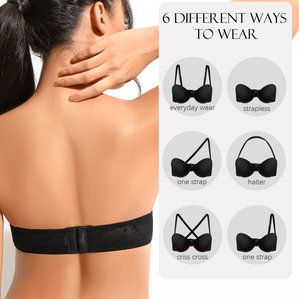 Women's Push Up Strapless Thick Pads Underwire Lace Back Bras with Clear Straps