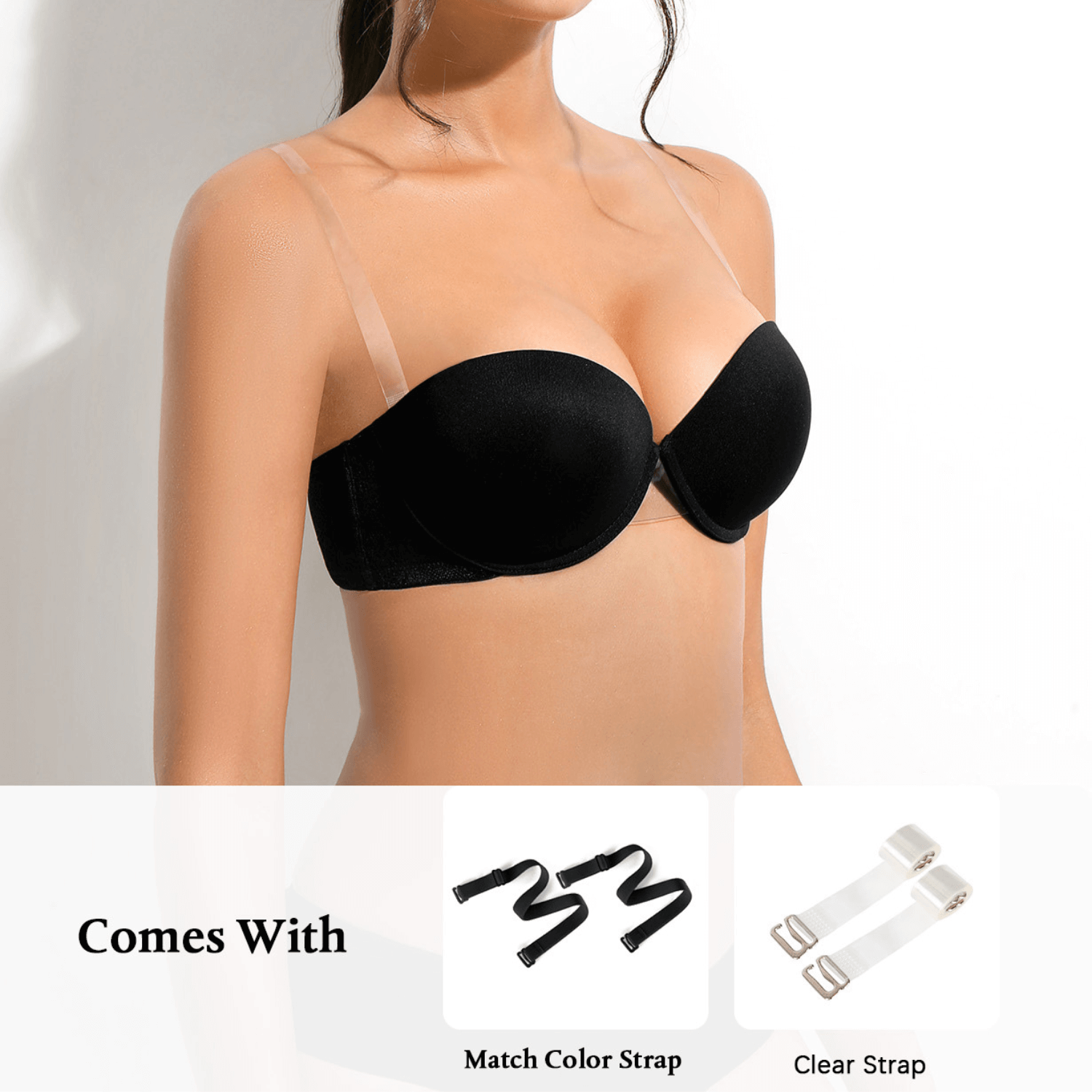 Women's Push Up Strapless Thick Pads Underwire Lace Back Bras with Clear Straps