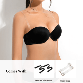 Women's Push Up Strapless Thick Pads Underwire Lace Back Bras with Clear Straps