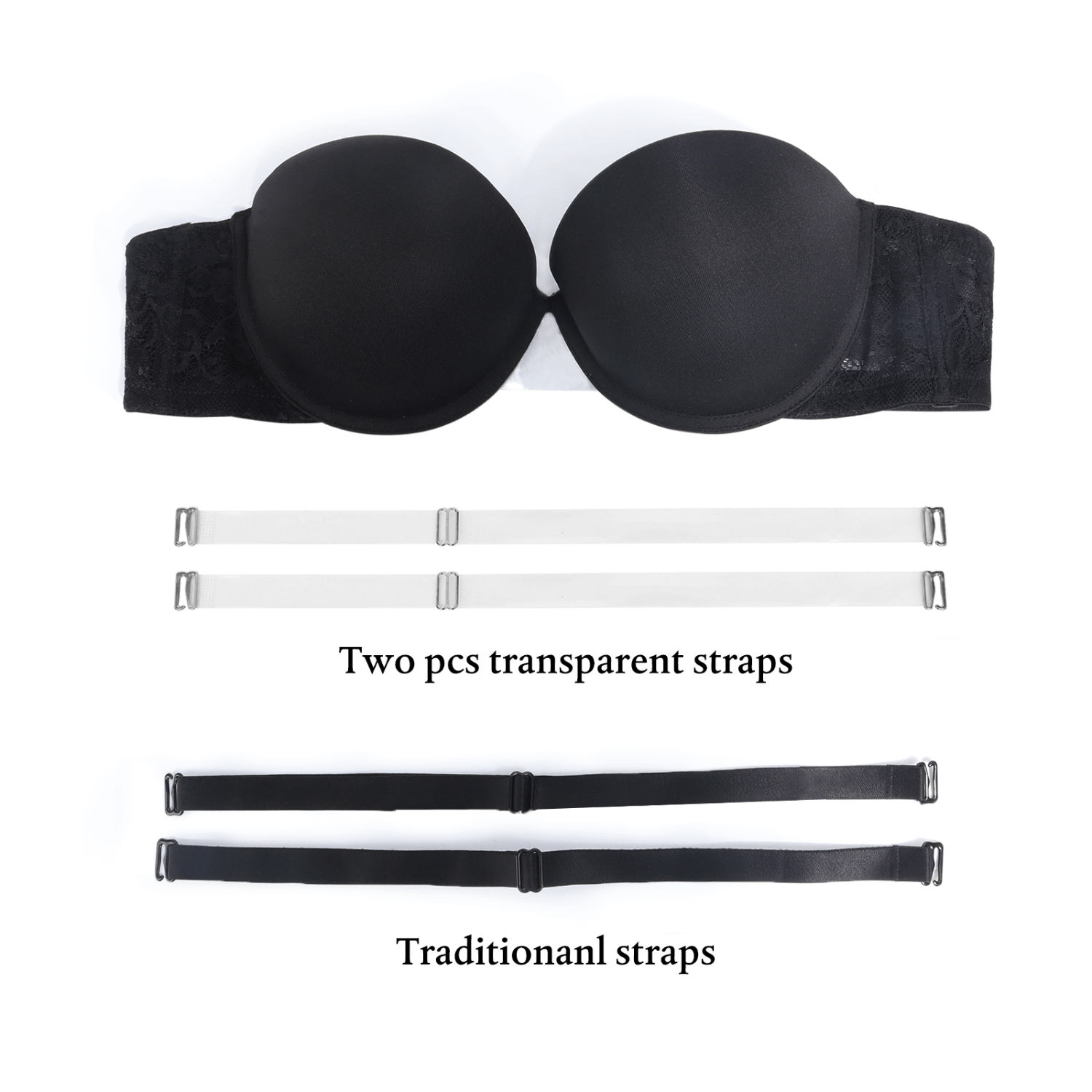 Women's Push Up Strapless Thick Pads Underwire Lace Back Bras with Clear Straps