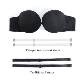 Women's Push Up Strapless Thick Pads Underwire Lace Back Bras with Clear Straps