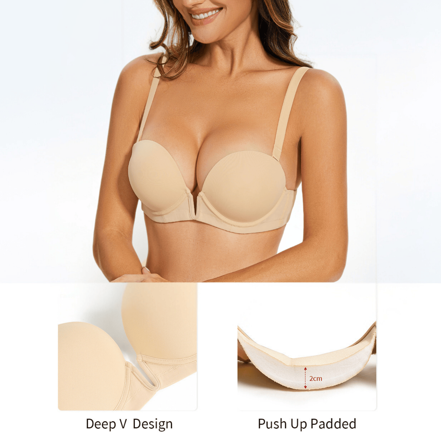 Deep V Plunge Backless Underwire Thick Padded Bra with Clear Straps