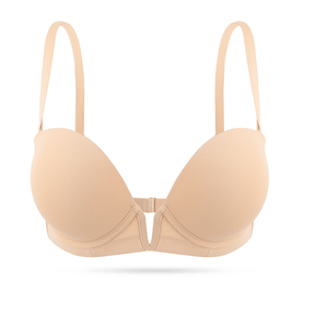 Deep V Plunge Backless Underwire Thick Padded Bra with Clear Straps
