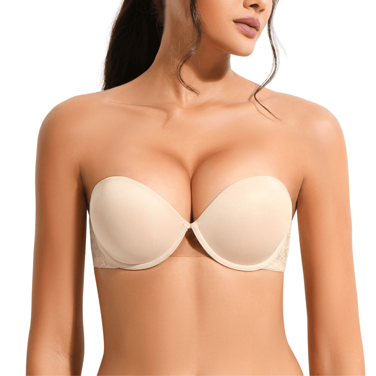 Women's Push Up Strapless Thick Pads Underwire Lace Back Bras with Clear Straps