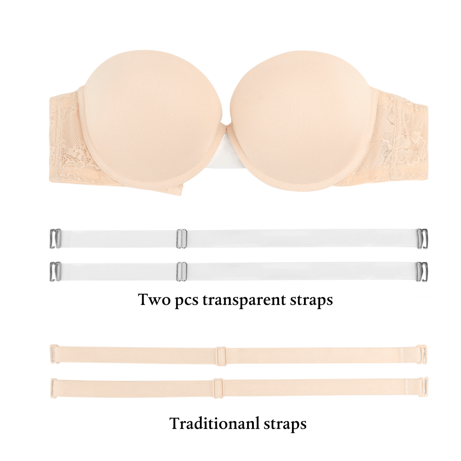 Women's Push Up Strapless Thick Pads Underwire Lace Back Bras with Clear Straps