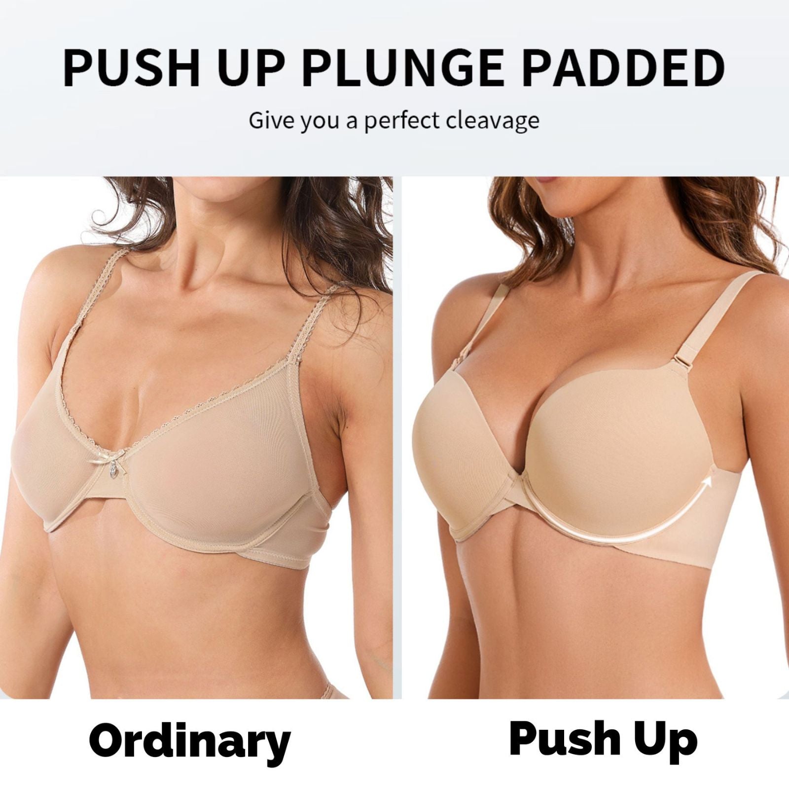 Push Up Padded Bra Seamless T-Shirt Underwire Plunge Bra Add One Cup