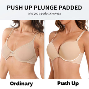 Push Up Padded Bra Seamless T-Shirt Underwire Plunge Bra Add One Cup