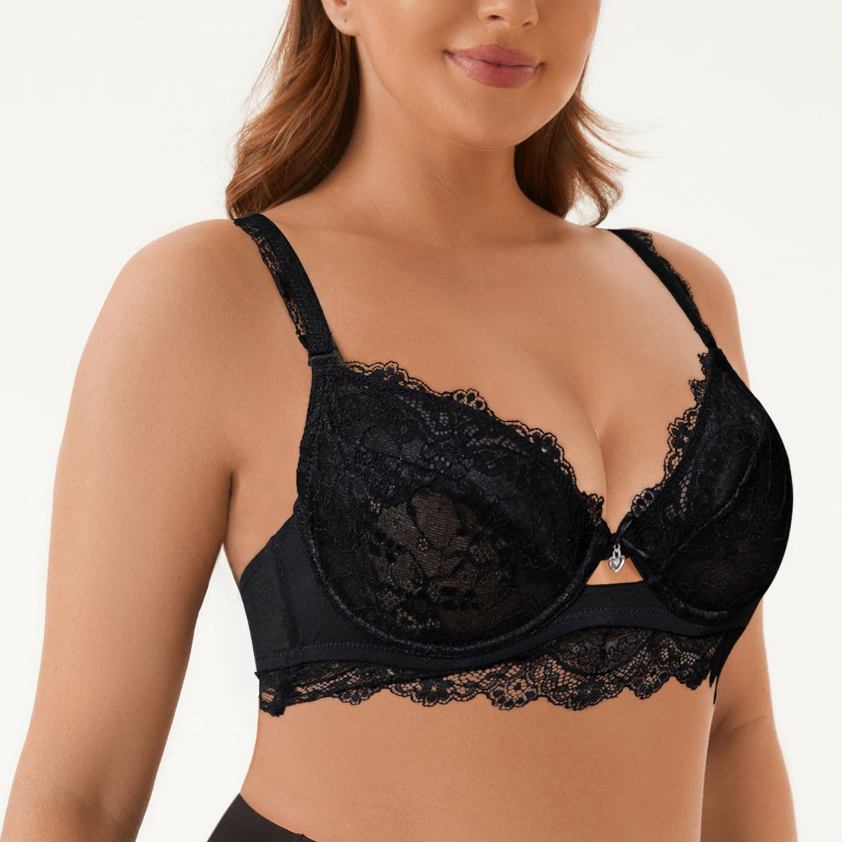 side of black longline see through lace bralette