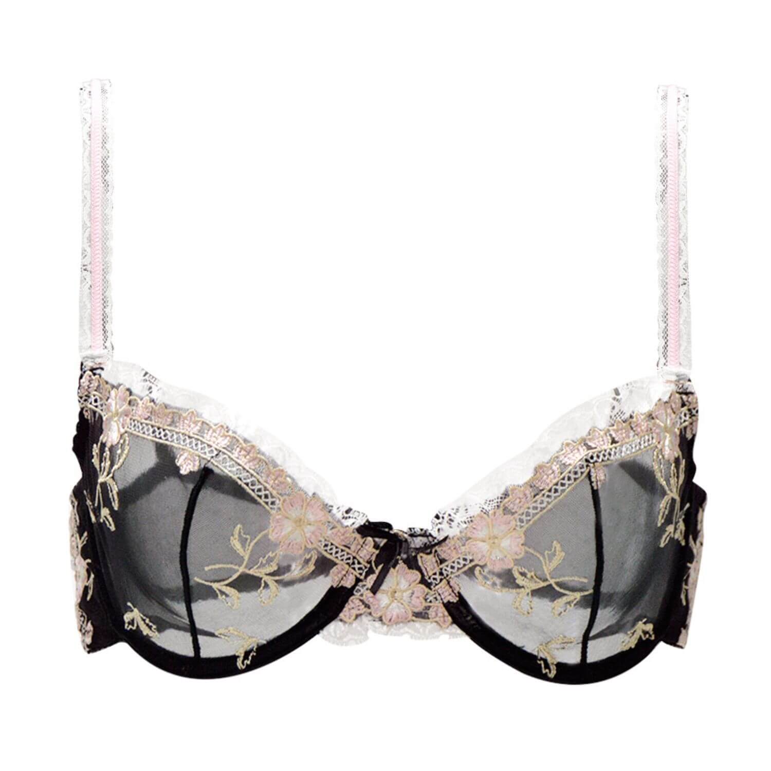 black unlined see through floral lace bra