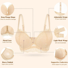 Push Up Lace Padded Underwire Bra Add 2 Cups