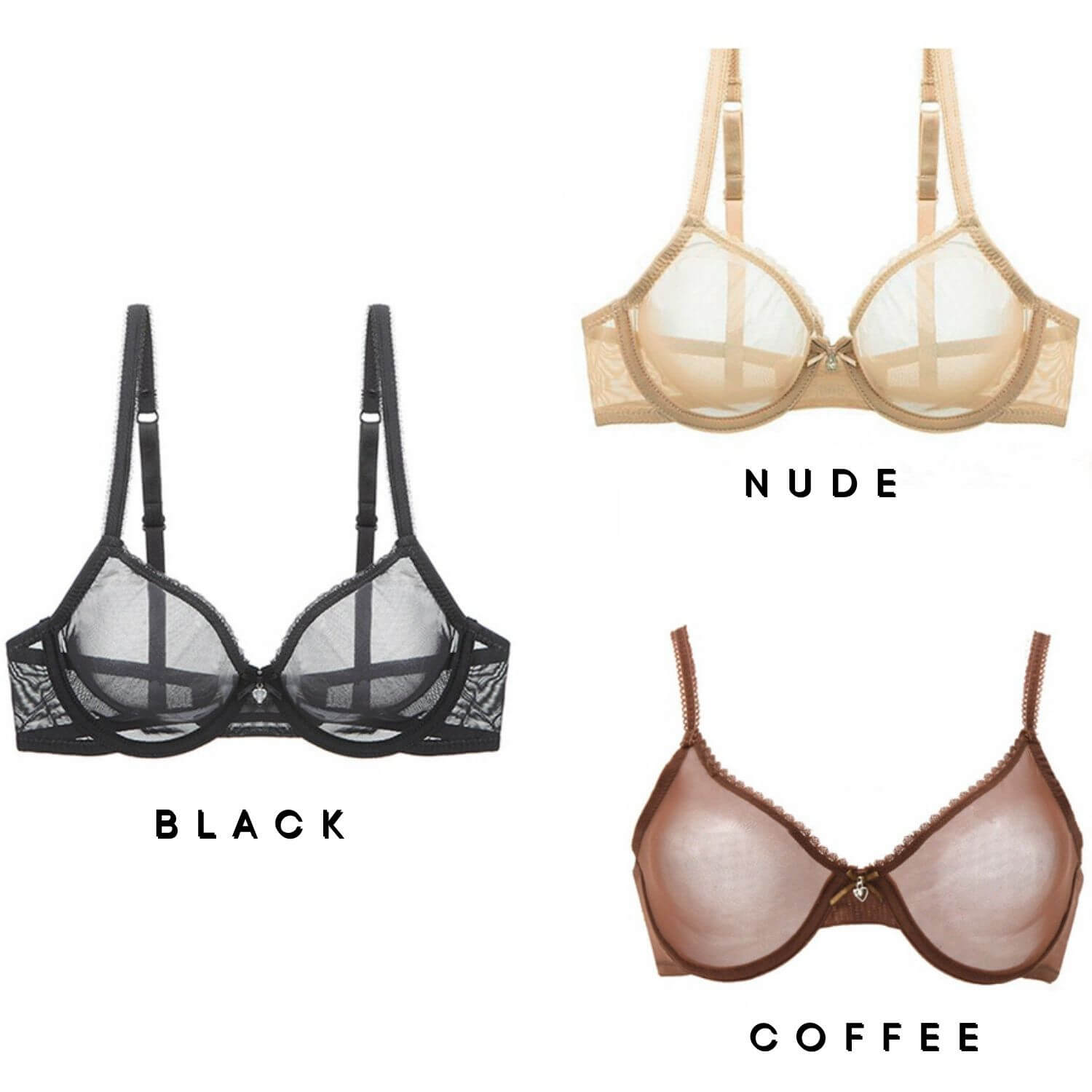 three colors of Unlined sheer Mesh See Through bra