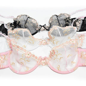 three colors of unlined see through floral lace bra