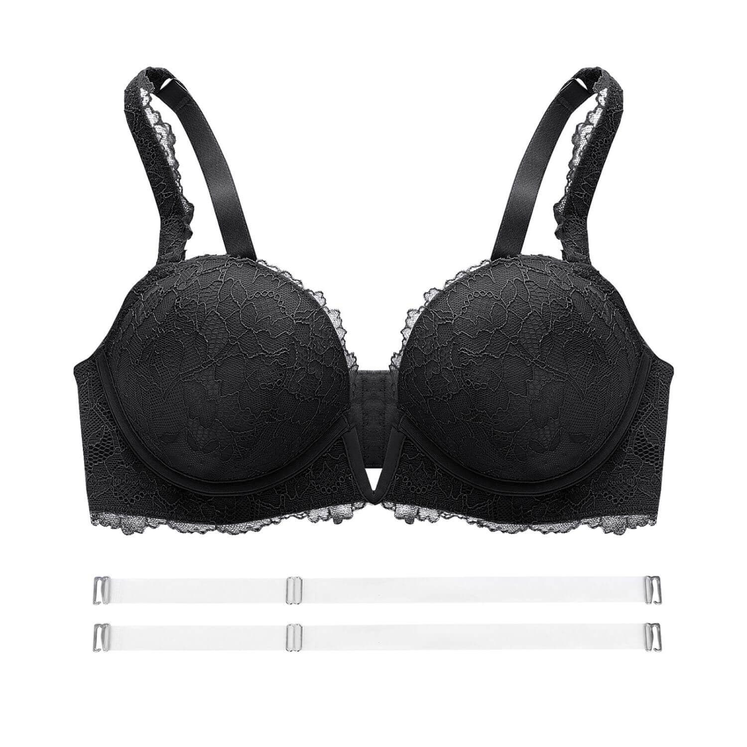 Black Deep v push up lace bra with clear straps