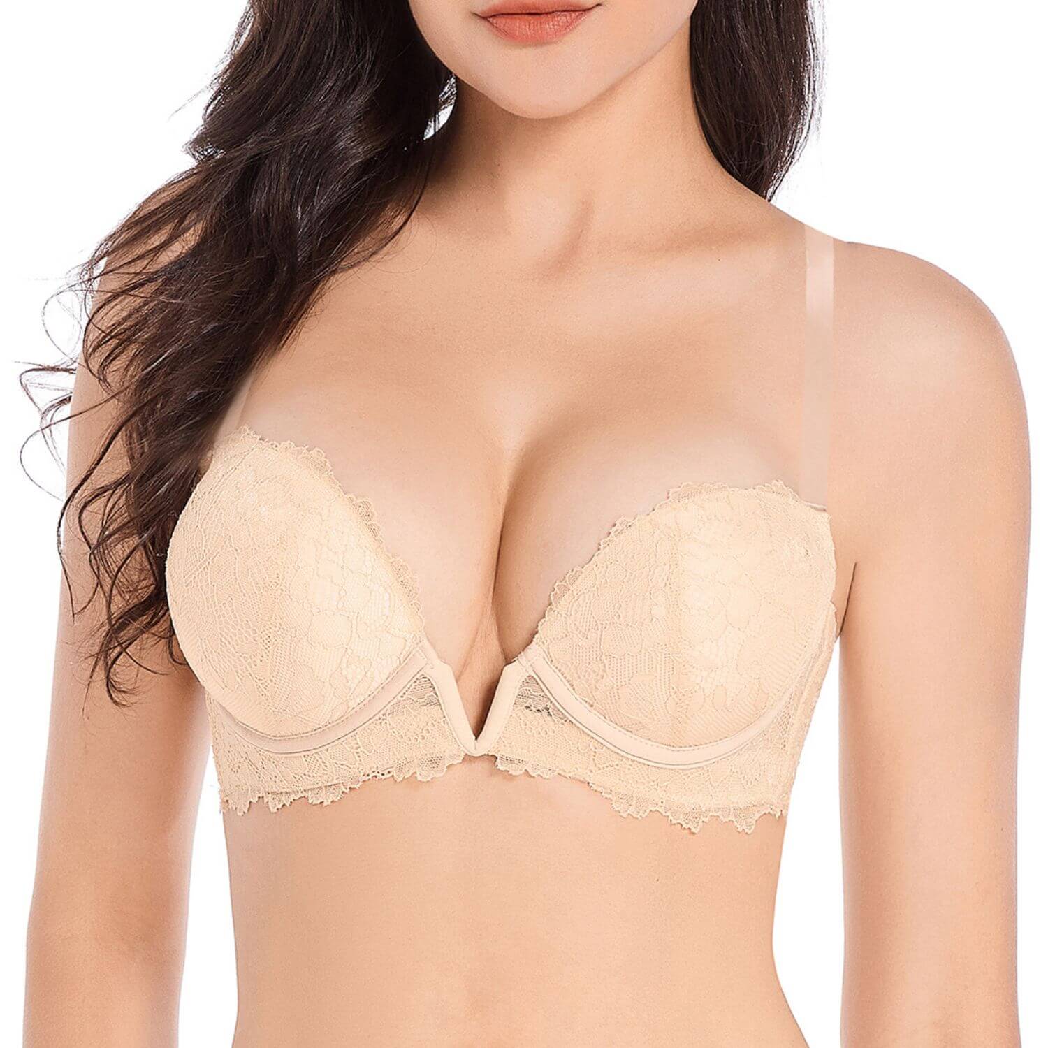 Woman with Nude Deep v push up lace bra