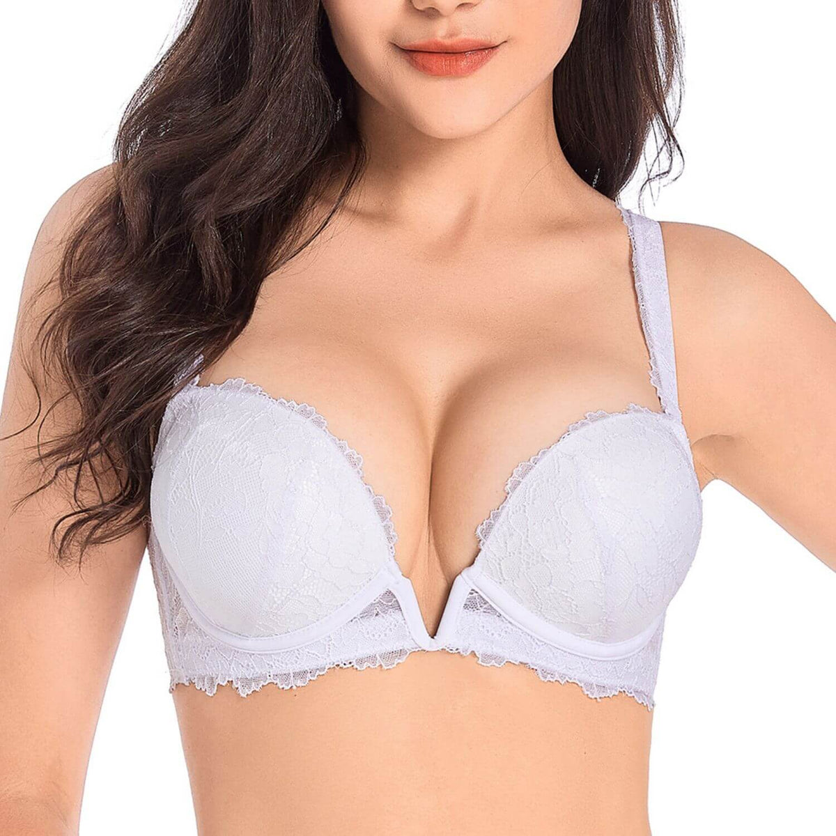 Woman with white Deep v push up lace bra