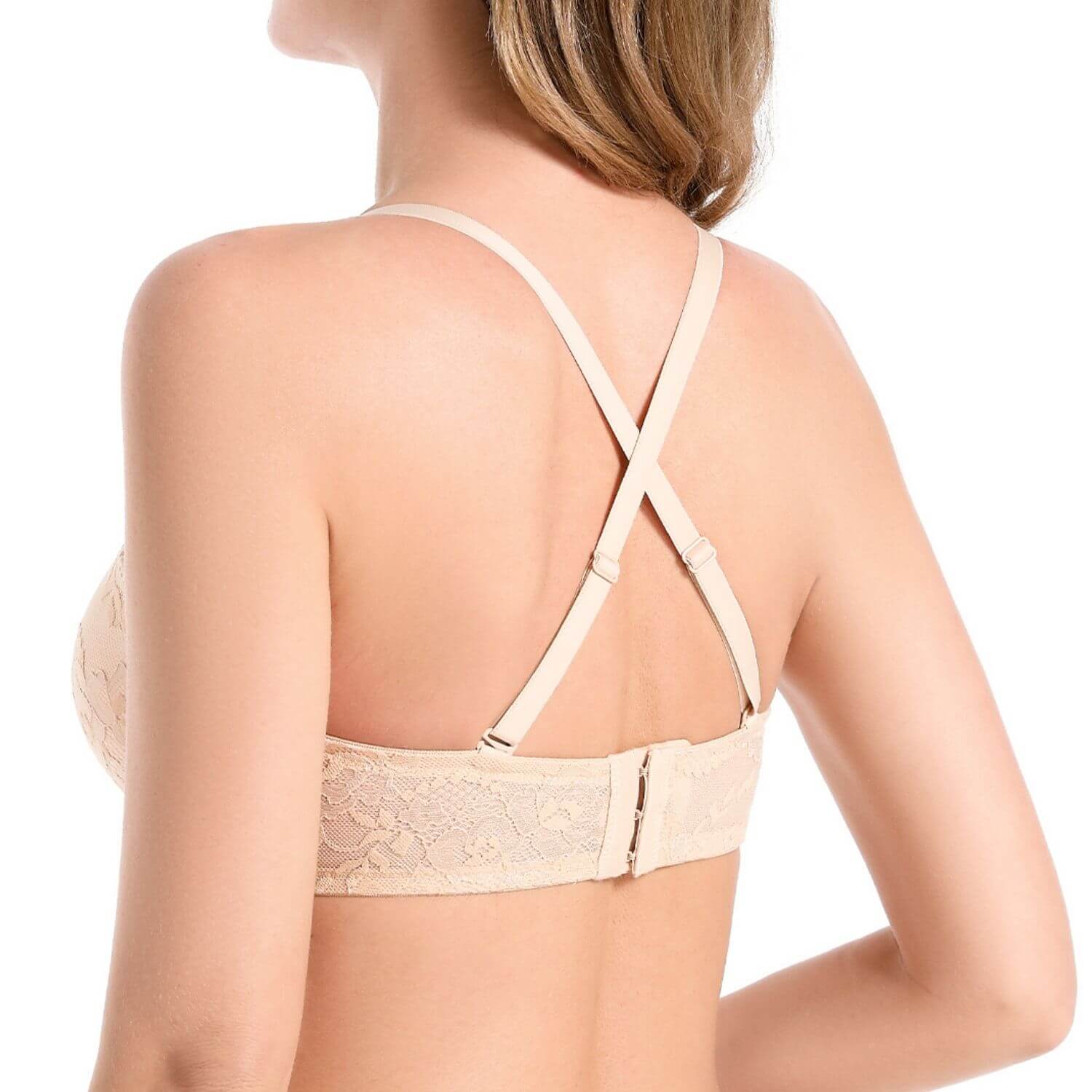 back of beige Strapless push up lace bra