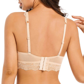 back of beige longline see through lace bralette