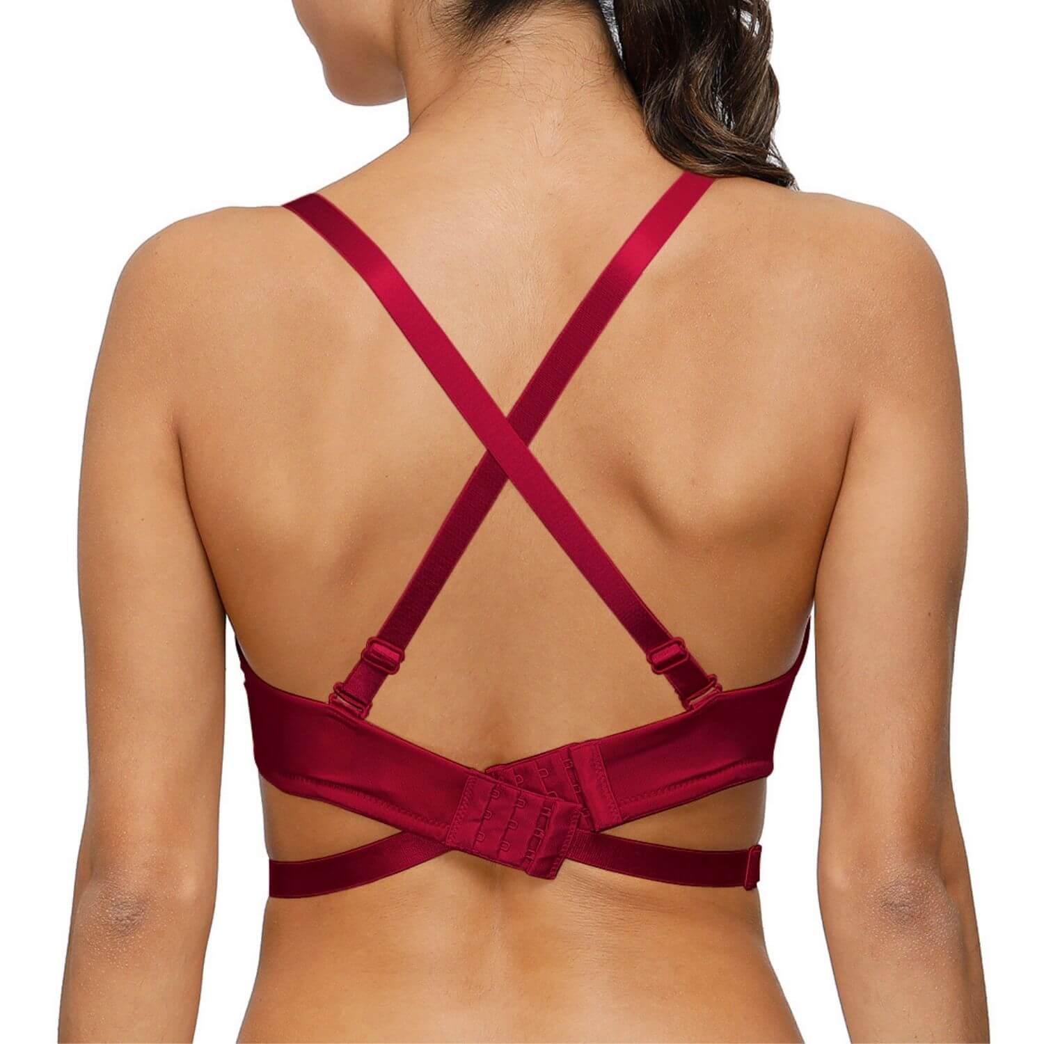 back of red plunge push up clear back bra