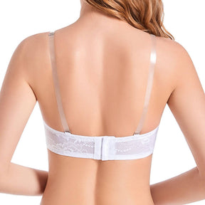 back of white Strapless push up lace bra