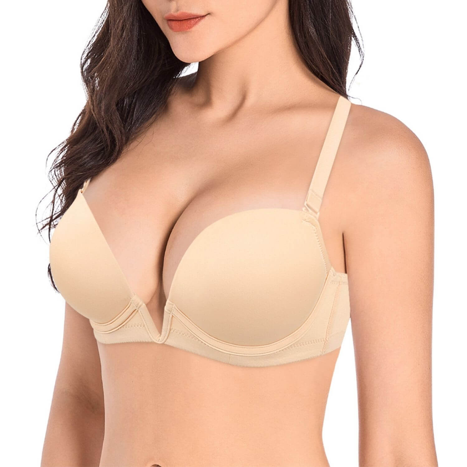 beige plunge padded push up bra