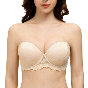 beige strapless backless push up lace bra