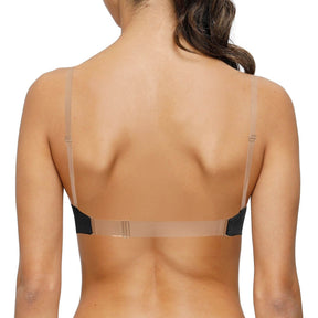 women with black low cut  plunge back bra