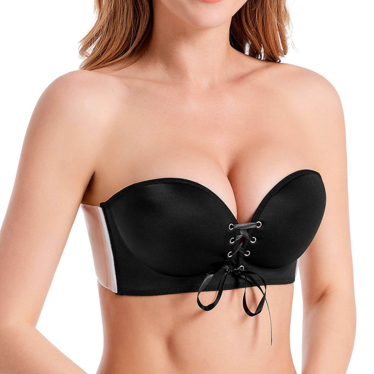 black strapless wireless clear back bra