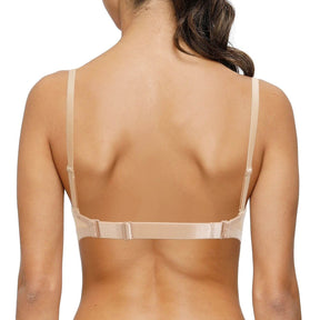 woman with nude low cut push up plunge back bra