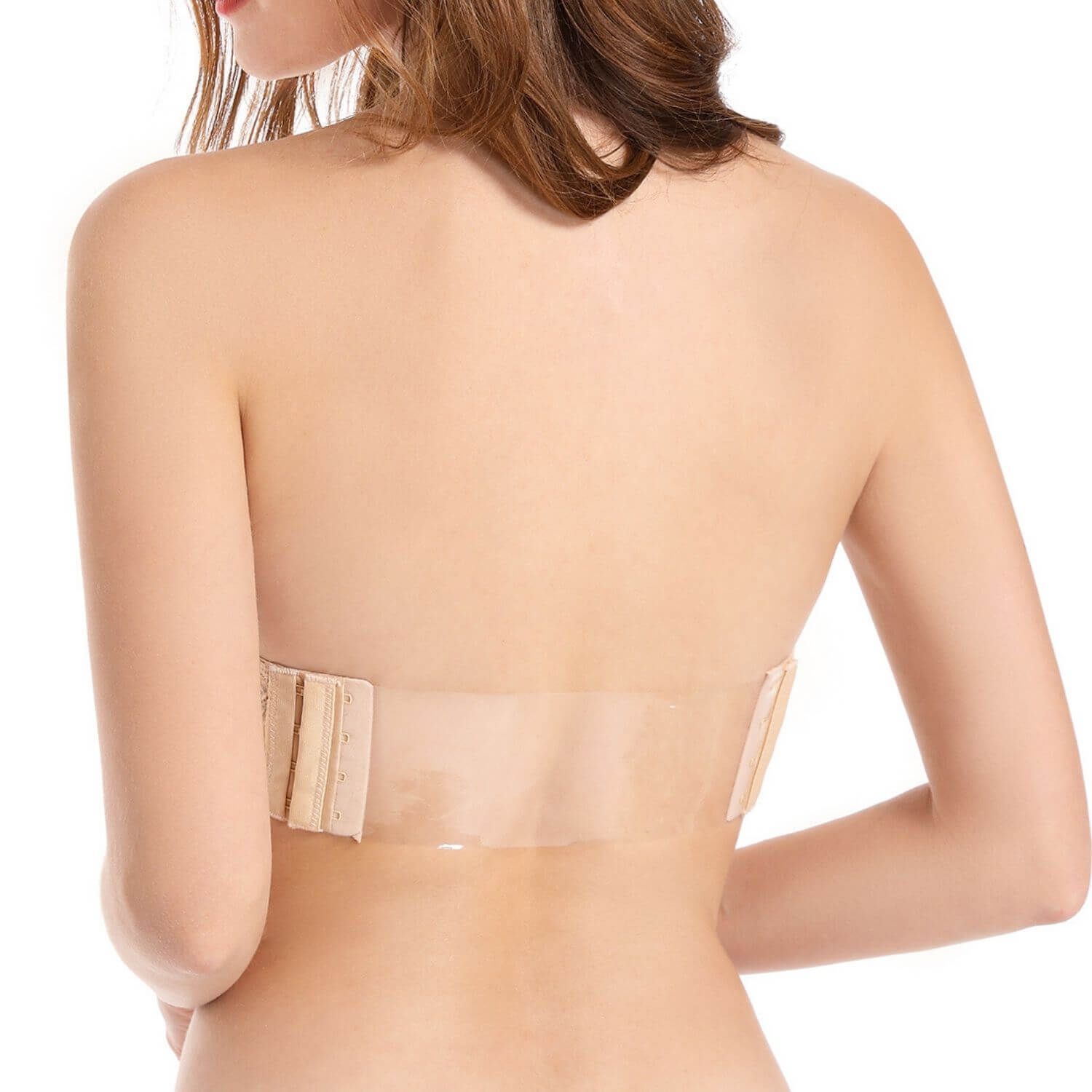 nude strapless bra with clear back