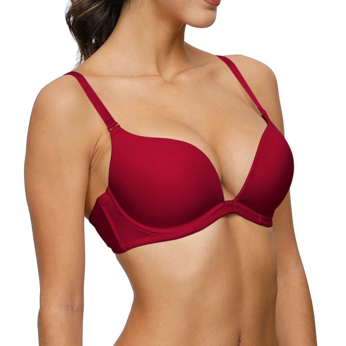 red plunge push up clear back bra
