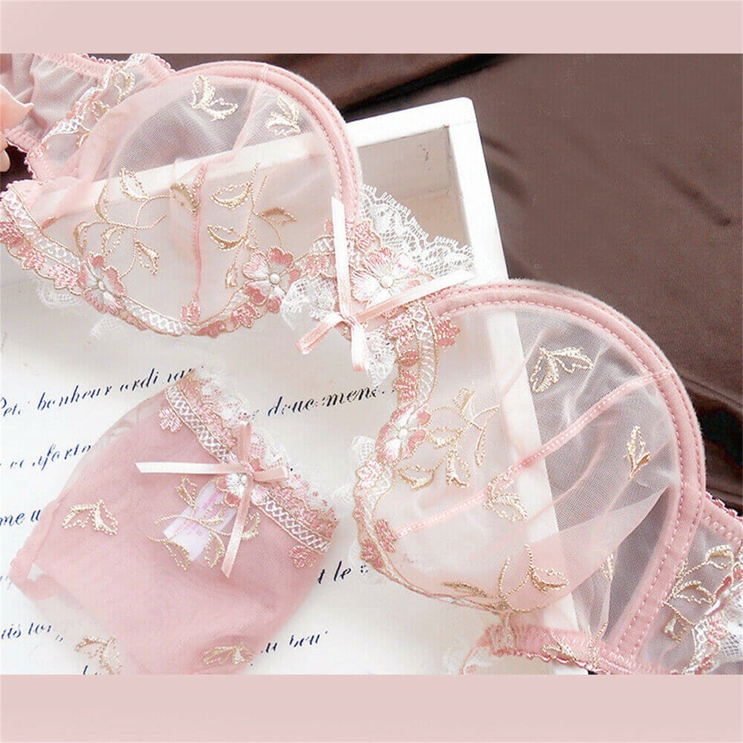 pink sexy unlined see through lace bra set
