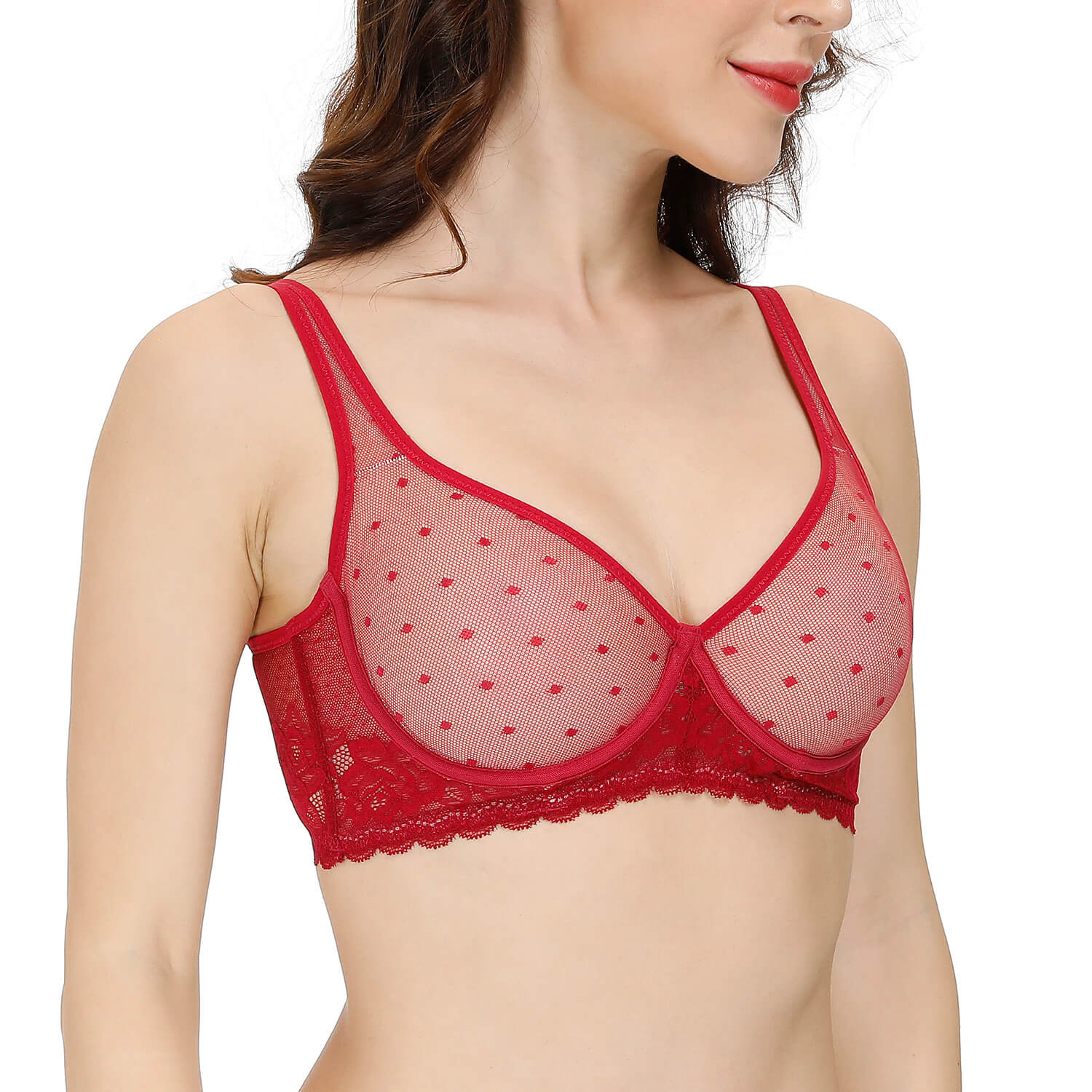 woman with red see through sheer minimizer bra