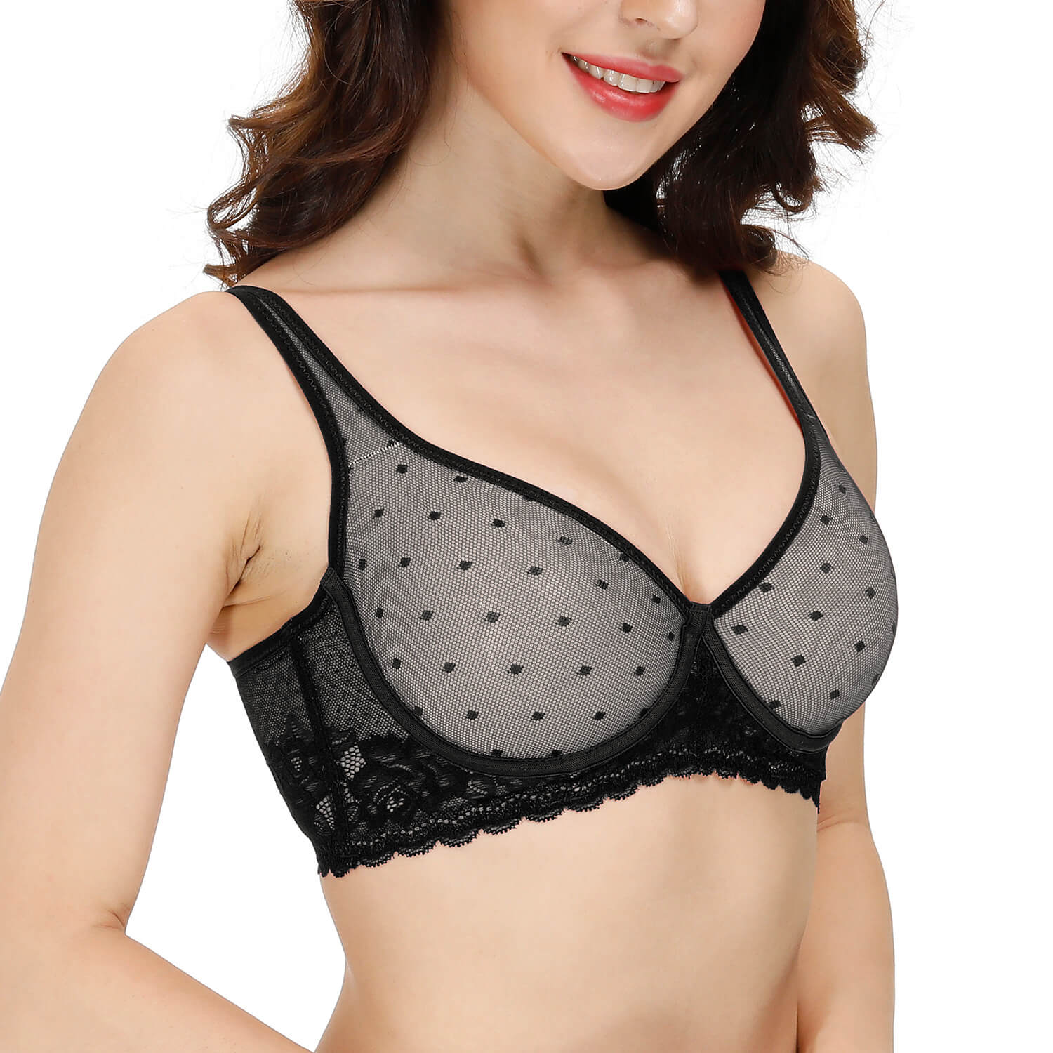 woman with black see through sheer minimizer bra