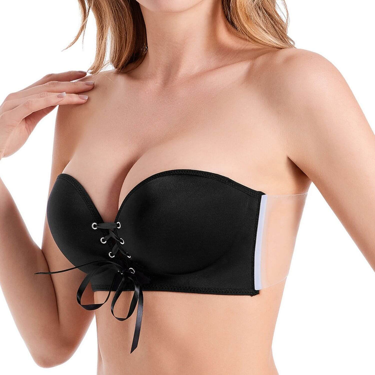 side of black strapless wireless clear back bra