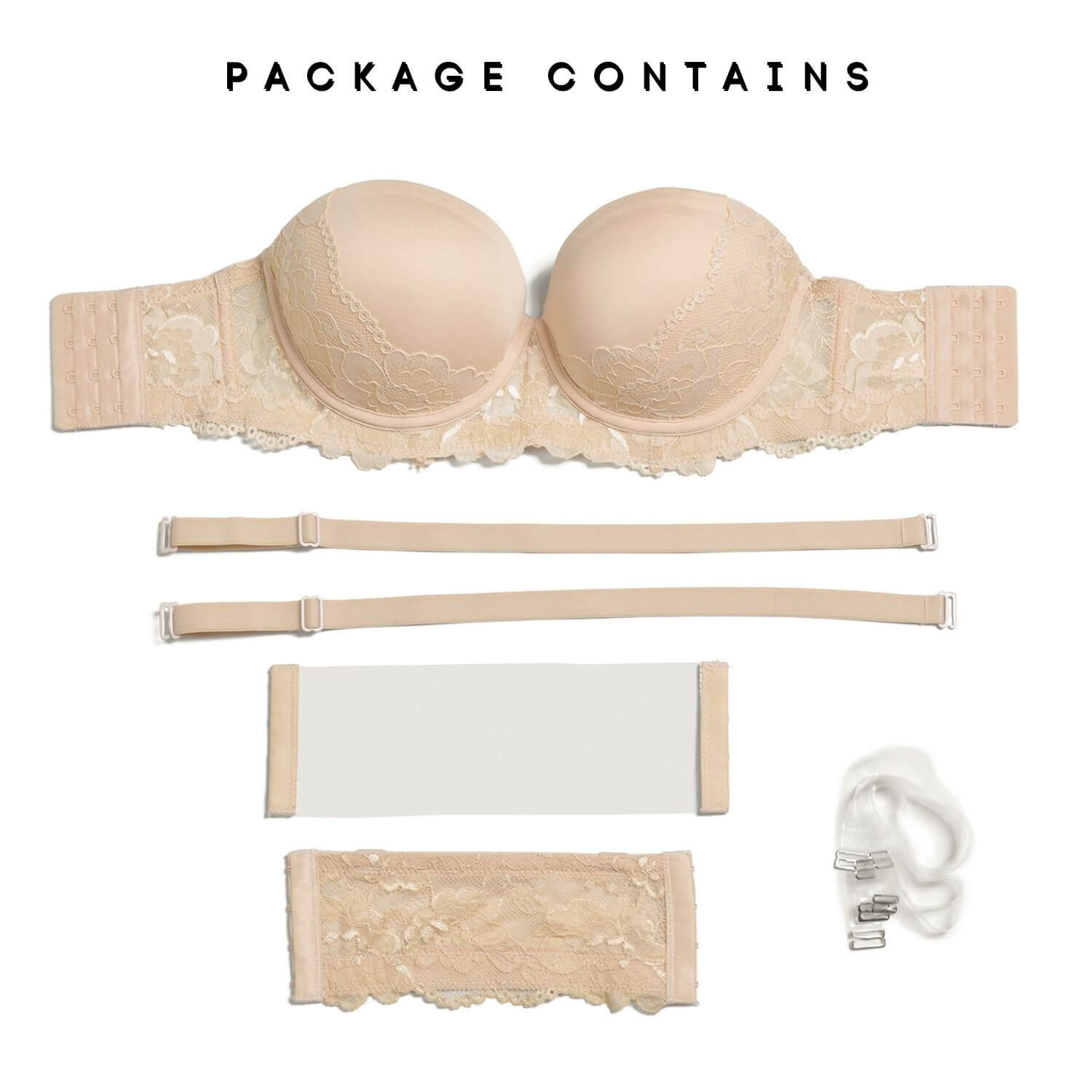    strapless-backless push up lace bra package contains