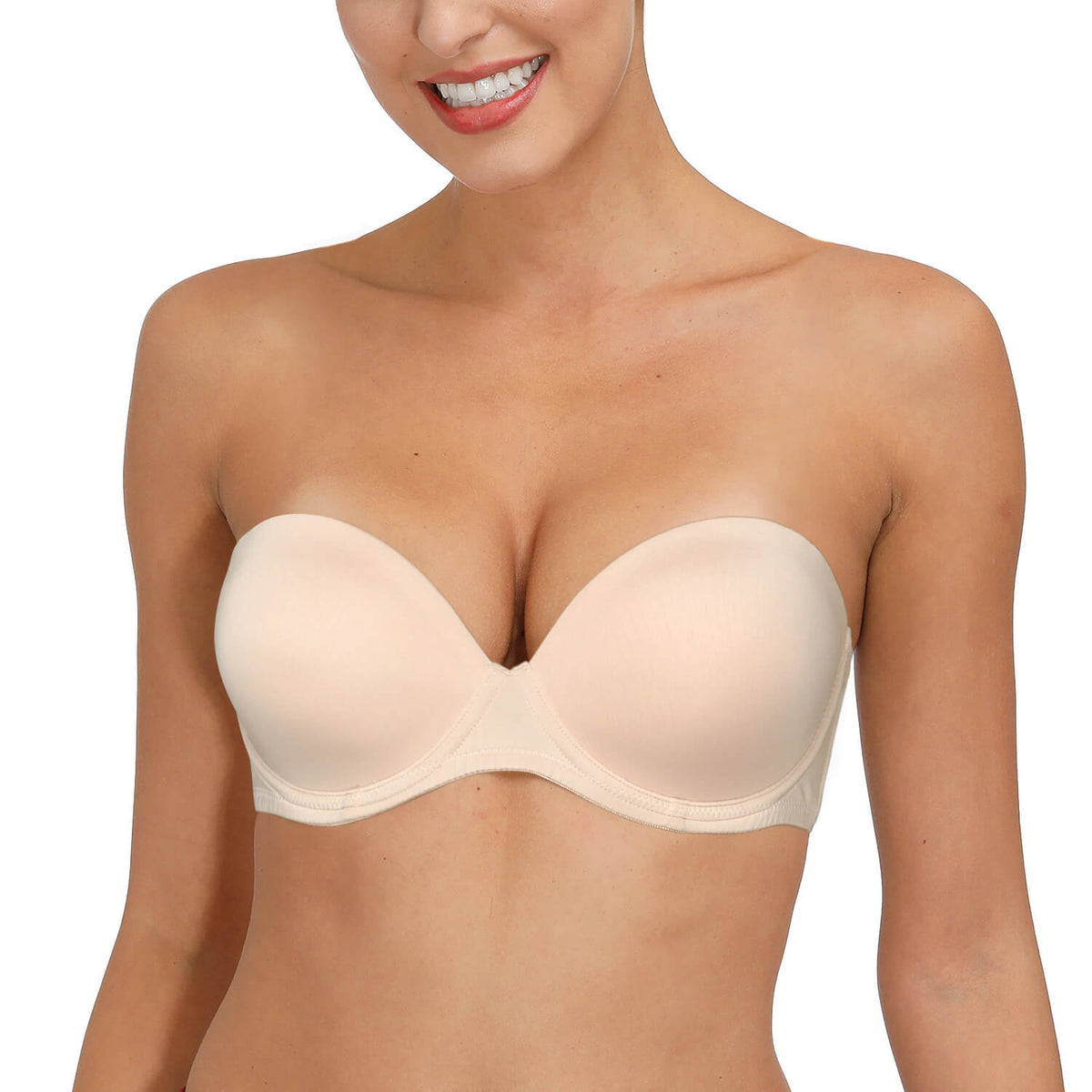 women with nude strapless clear back bra