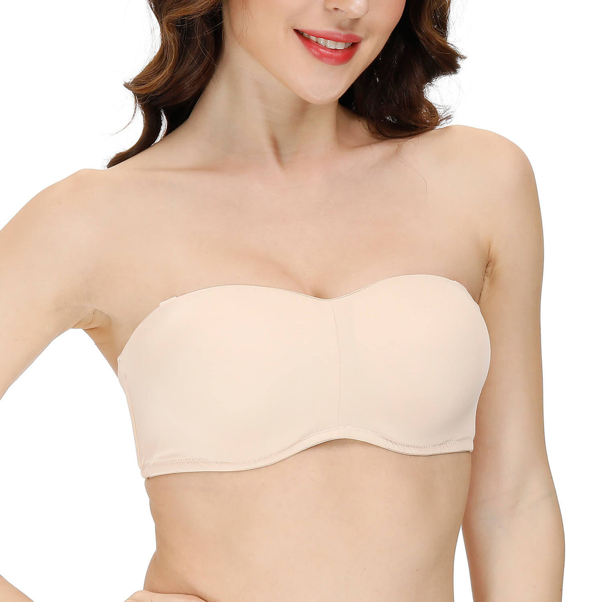 woman with nude strapless convertible bandeau bra