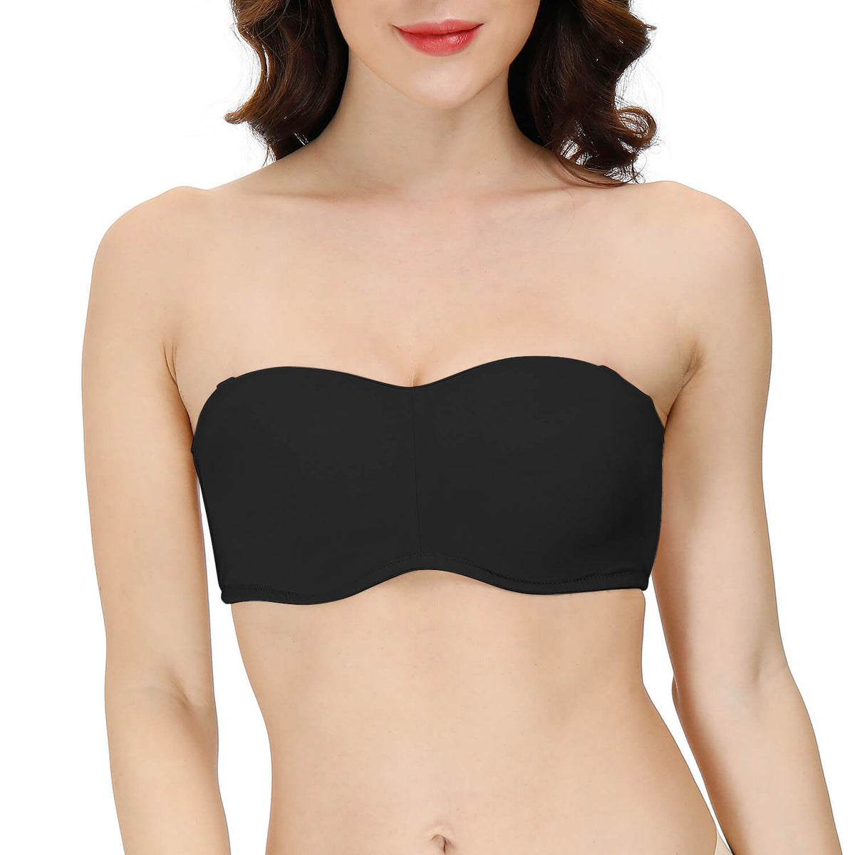 woman with black strapless convertible bandeau bra