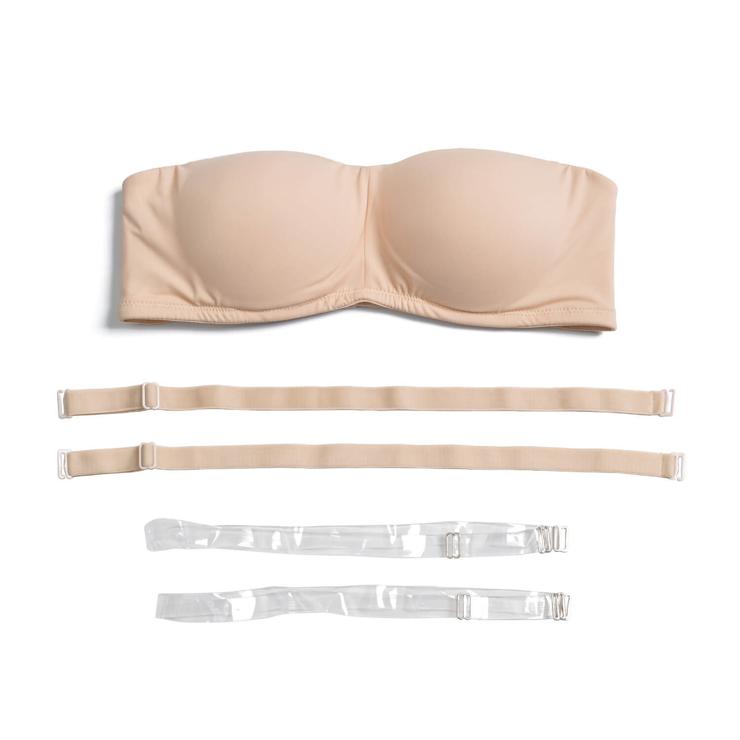  strapless convertible bandeau bra with color straps and clear straps