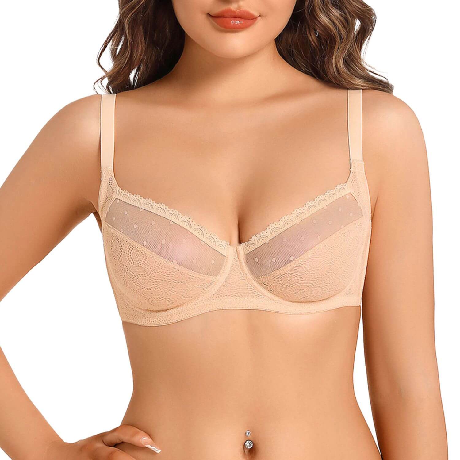 Unlined Sexy Sheer Mesh Lace Balconette Bra Plus Size