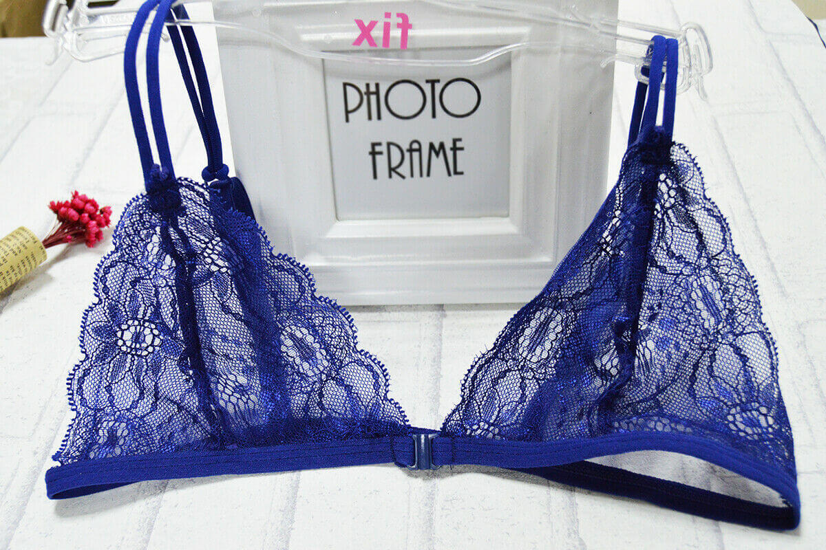 blue unlined triangle front closure bralette
