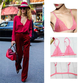 women with pink unlined triangle front closure bralette