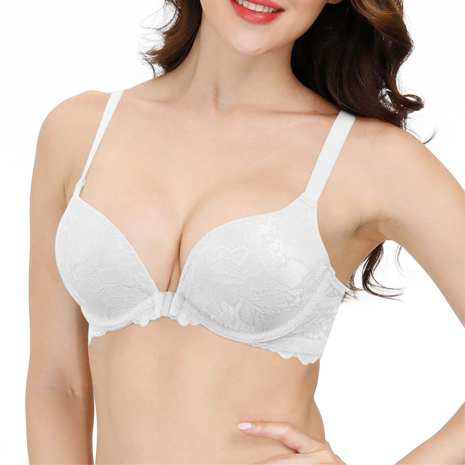 white racerback front closure push up bra